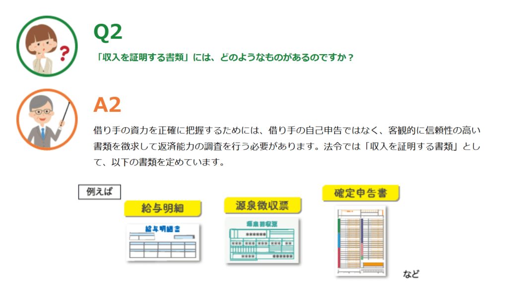 日本貸金業協会の収入証明書解説ページ